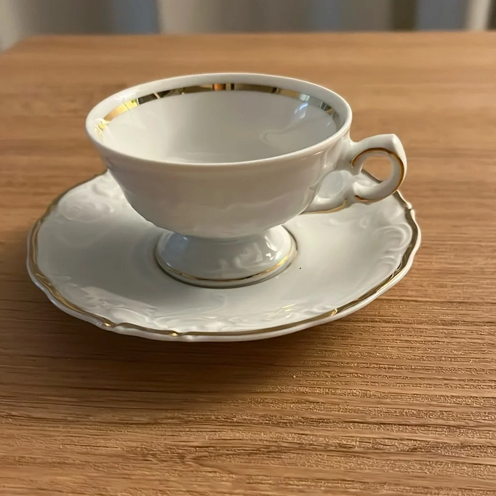Royal Kent Poland Embossed White Gold Trim ~ Footed Cup & Saucer Set